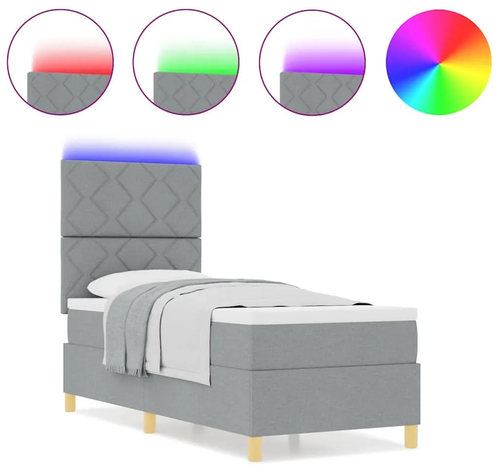 Cama Box Spring com Colchão &amp; LED Cinza Claro 80x200 cm Tecido
