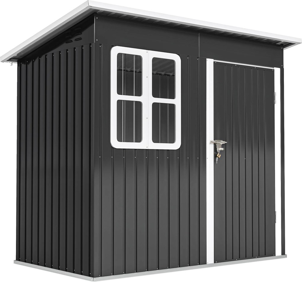 Outsunny Abrigo de Jardim Exterior 2,55 m² 221x133x190 cm com Janela Porta com Fechadura e Ventilações Aço Galvanizado Cinza Escuro | Aosom Portugal