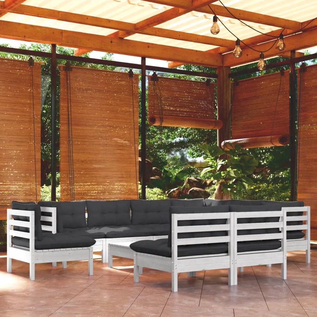 10 pcs conj. lounge de jardim c/ almofadões pinho maciço branco