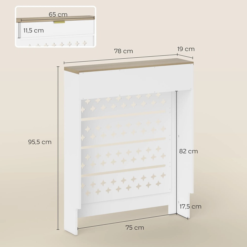 Tampa de radiador, cobertura de radiador com armário rebatível e prateleira superior, 78 x 19 x 95,5 cm, branco