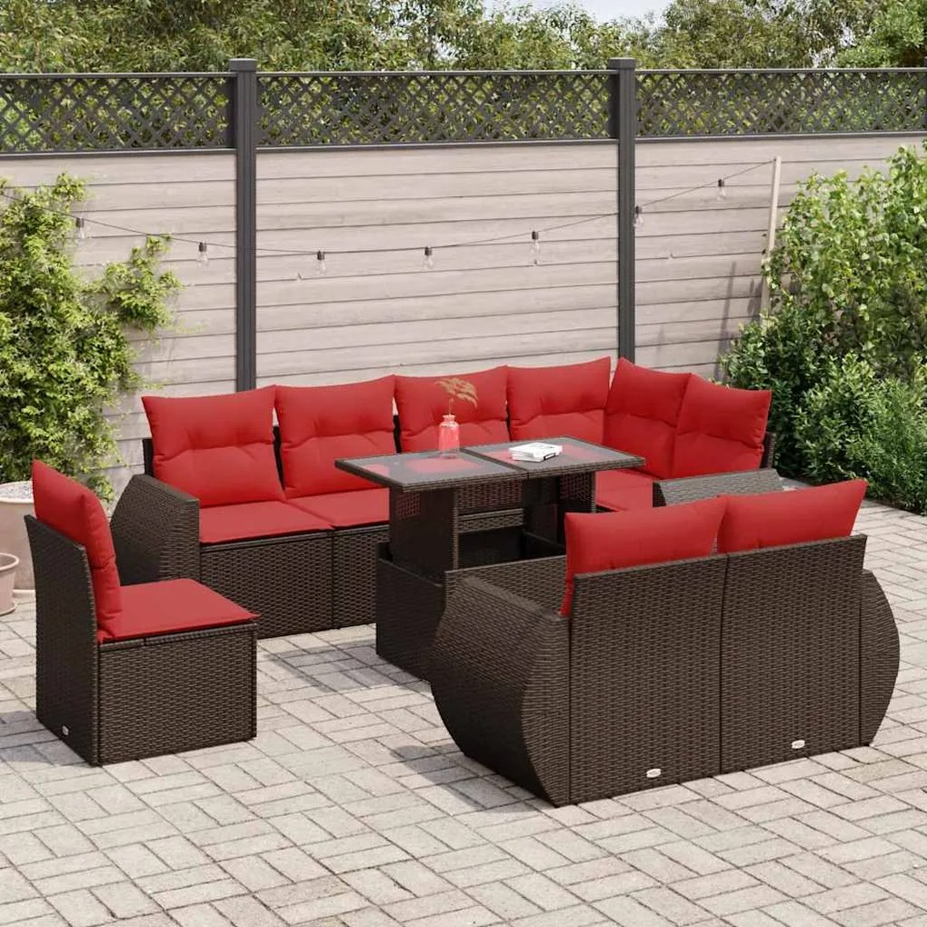 9 pcs conj. sofás jardim c/ almofadões vime PE/acácia castanho