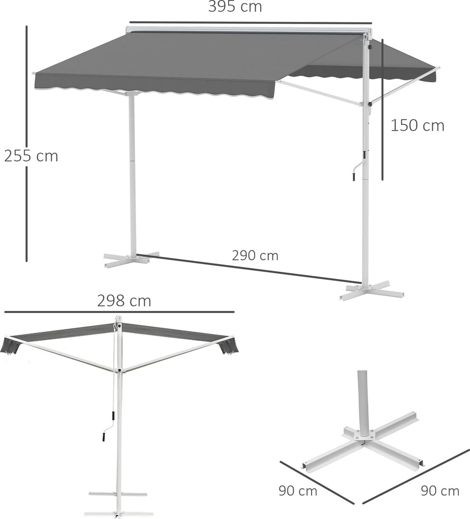 Toldo de dupla inclinação 4 x 3 m, manual e retrátil, inclinação ajustável, metal com revestimento epóxi, branco, poliéster impermeável e com proteção
