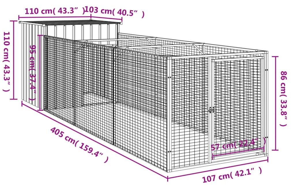 Casota cães c/ parque 110x405x110 cm aço galvaniz. cinza-claro