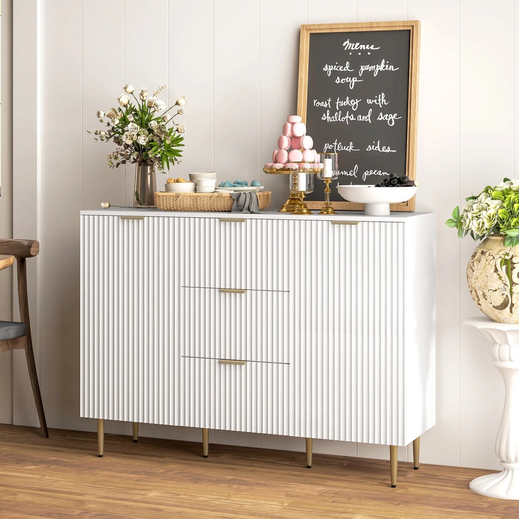 Aparador de Cozinha, 120 x 40 x 89,5 cm, 3 Gavetas e Prateleiras Ajustáveis, Branco