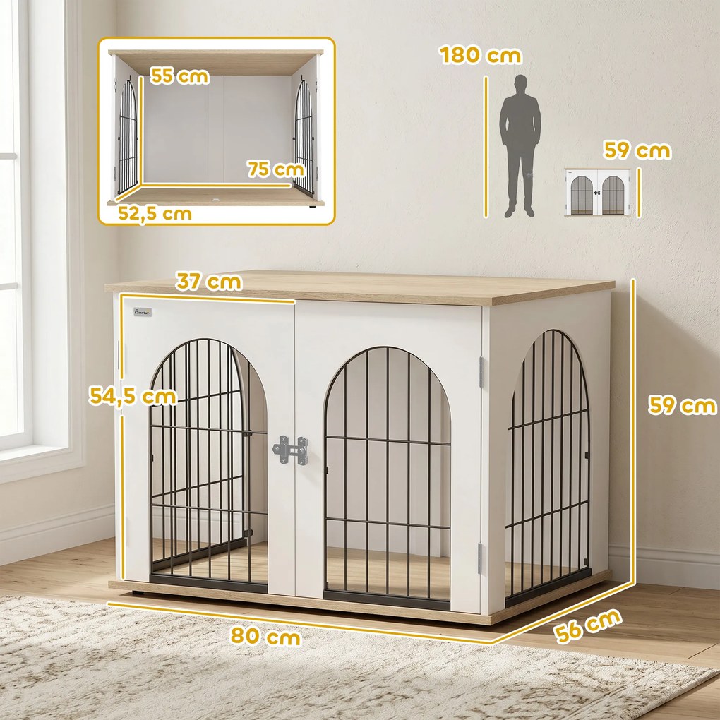 Gaiola para cães, móvel 80 x 56 x 59 cm, gaiola interior para cães em forma de arco com porta dupla, que também serve como mesa auxiliar, em metal, br
