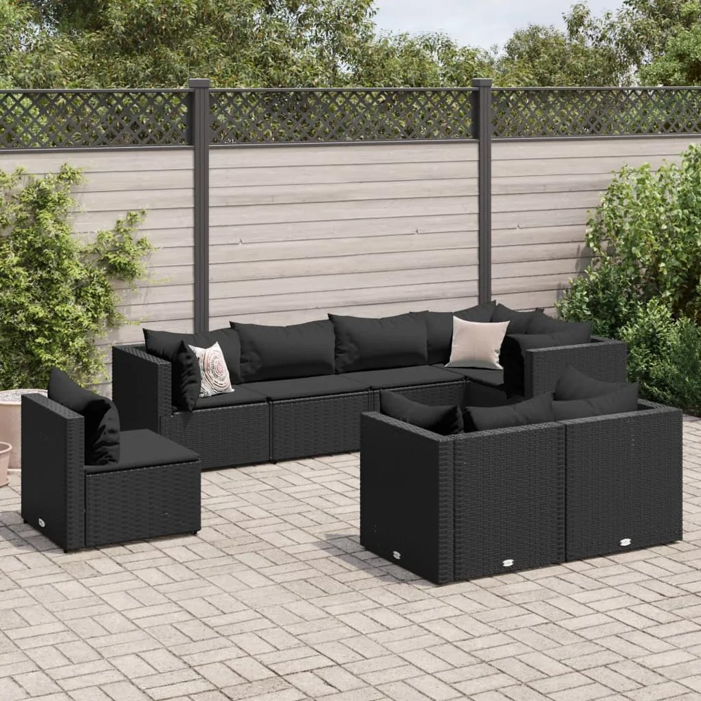 8 pcs conjunto lounge de jardim c/ almofadões vime PE preto