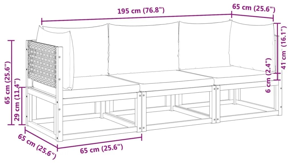 3 pcs conjunto de sofás de jardim com almofadões acácia maciça