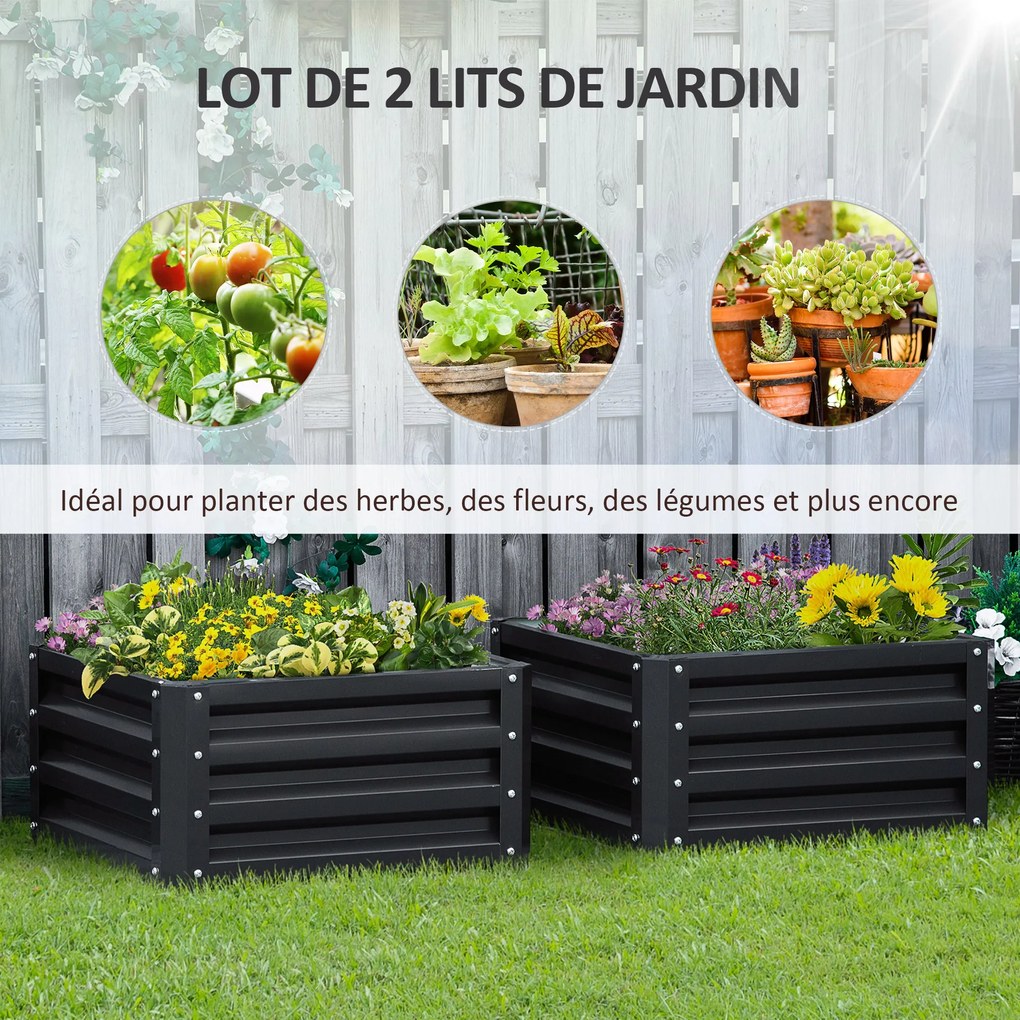 Conjunto de 2 floreiras elevadas, floreiras de jardim para legumes e flores, aço galvanizado, 60 x 60 x 30,5 cm, cinzento