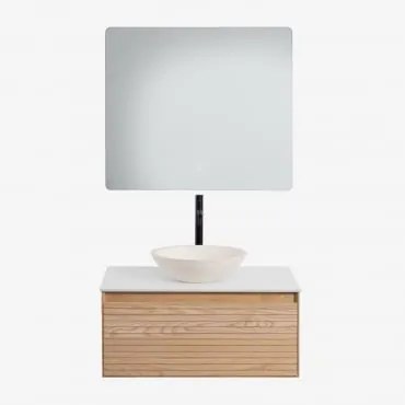 Conjunto De Móvel De Casa De Banho Em Madeira De Freixo Tedrik Castanho Fresno & Cimento Redondo Branco Ø40 Cm Zavion & Led - Sklum