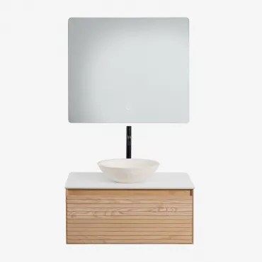 Conjunto De Móvel De Casa De Banho Suspenso Em Madeira De Freixo Tedrik Castanho Fresno & Cimento Redondo Branco Ø40 Cm Zavion & Led - Sklum