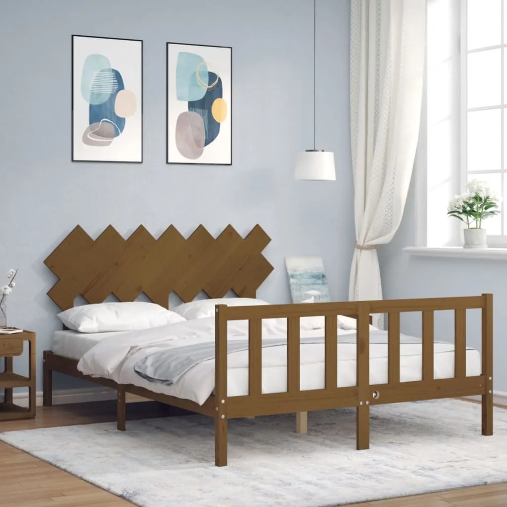 Estrutura cama cabeceira 140x190 cm madeira maciça castanho-mel