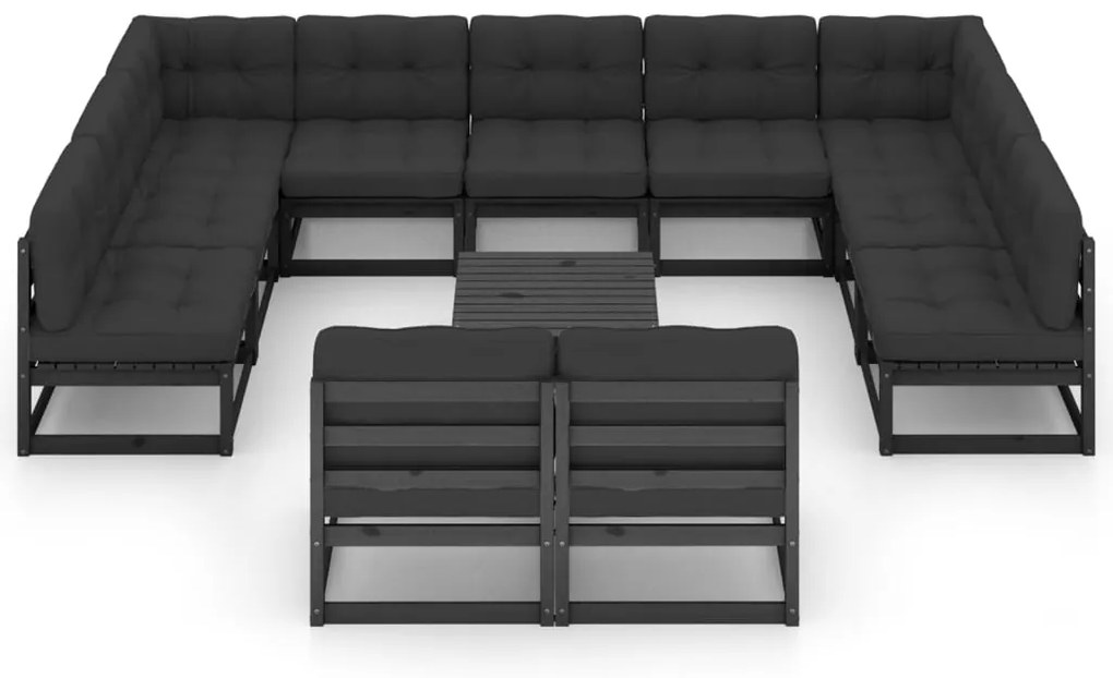 12 pcs conjunto longue jardim c/ almofadões pinho maciço preto