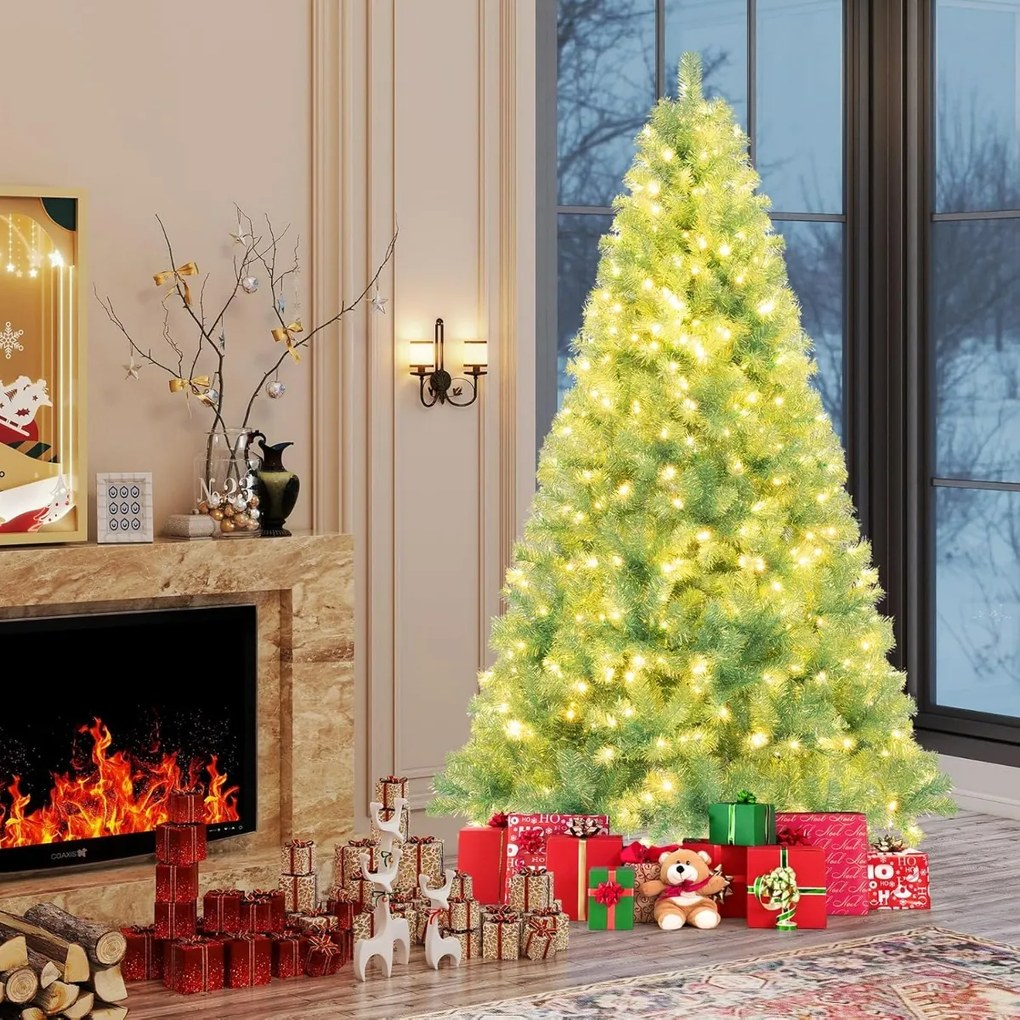 Árvore de Natal pré-iluminada de 225 cm artificial com 1300 pontas de ramos 550 luzes LED brancas quentes 8 modos Suporte verde