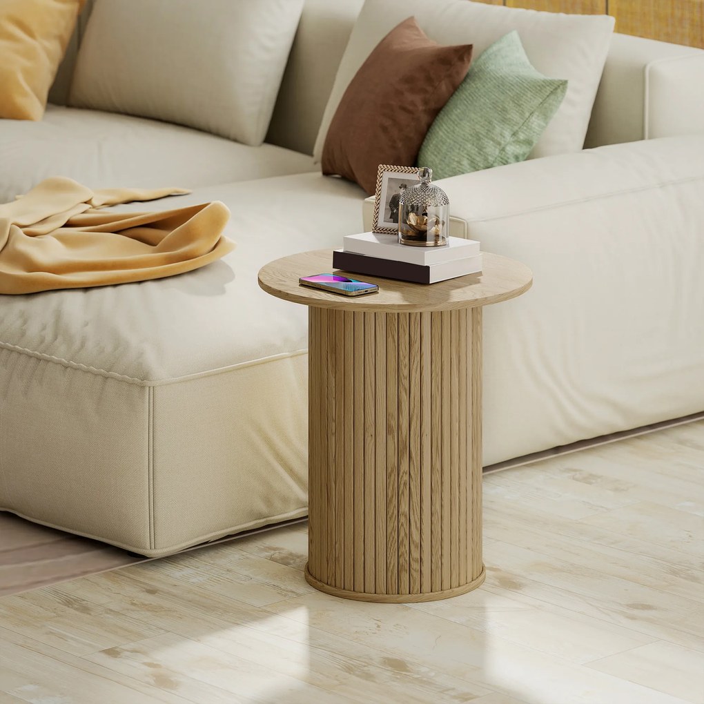 Mesa auxiliar redonda com Ø 48 cm, mesa baixa com pés canelados para a sala de estar, quarto ou espaços pequenos, em carvalho