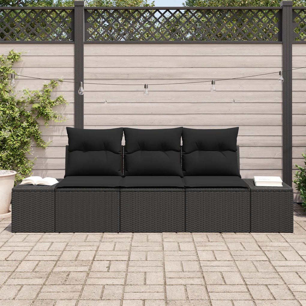Conjunto de Sofás de Jardim de 3 Peças com Almofadas Preto Rattan