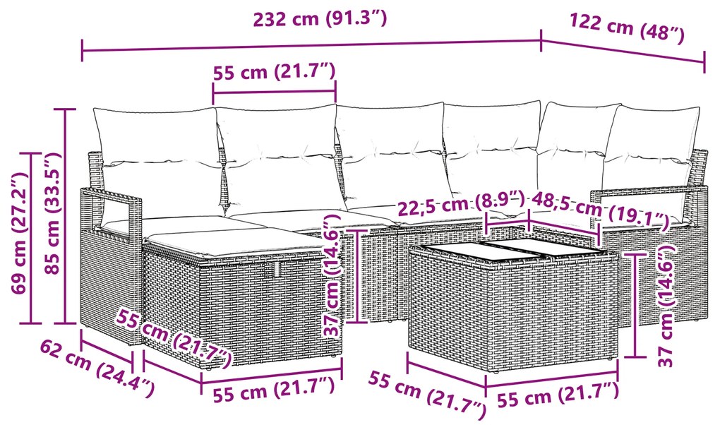 Conjunto de Sofás de Jardim vidaXL 7 Peças com Almofadas em Rattan Sin