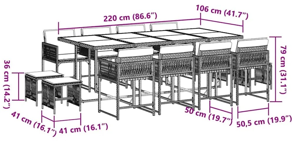 13 pcs conjunto jantar p/ jardim c/ almofadões vime PE cinzento