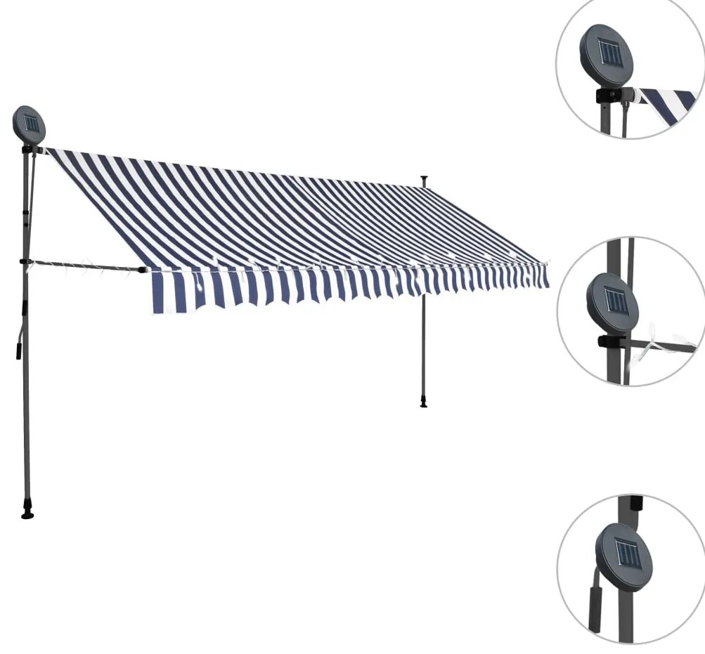 Toldo retrátil manual com LED 400 cm azul e branco