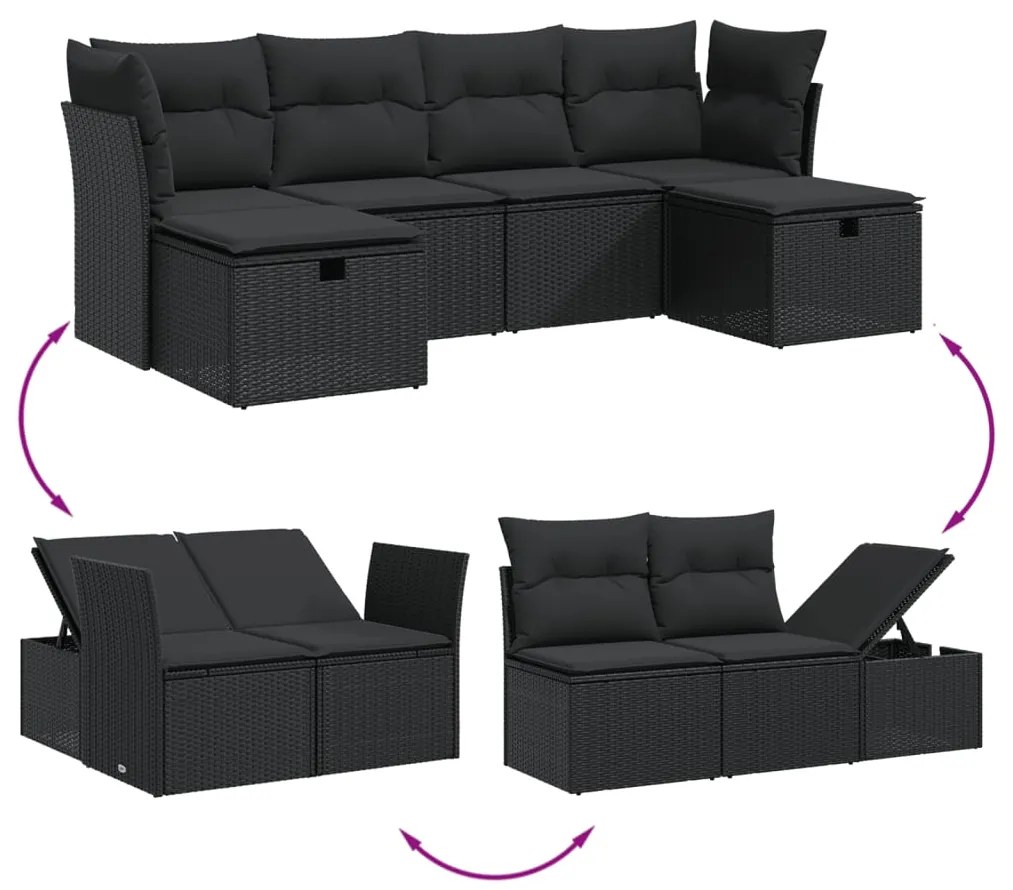 6 pcs conjunto sofás de jardim c/ almofadões vime PE preto