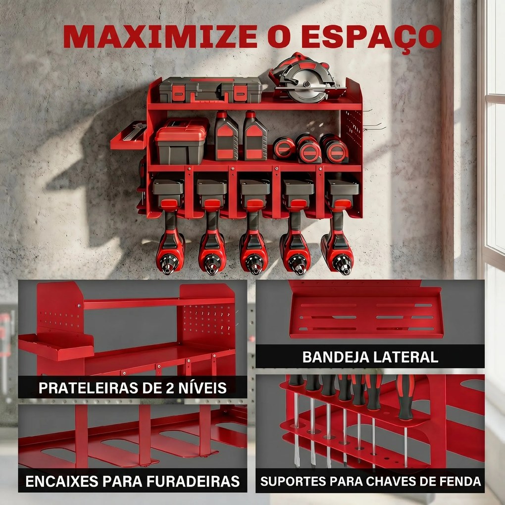 Organizador de Ferramentas de Jardim Prateleira de Armazenamento de Parede de 2 Níveis para Garagem com Bandeja e Ganchos