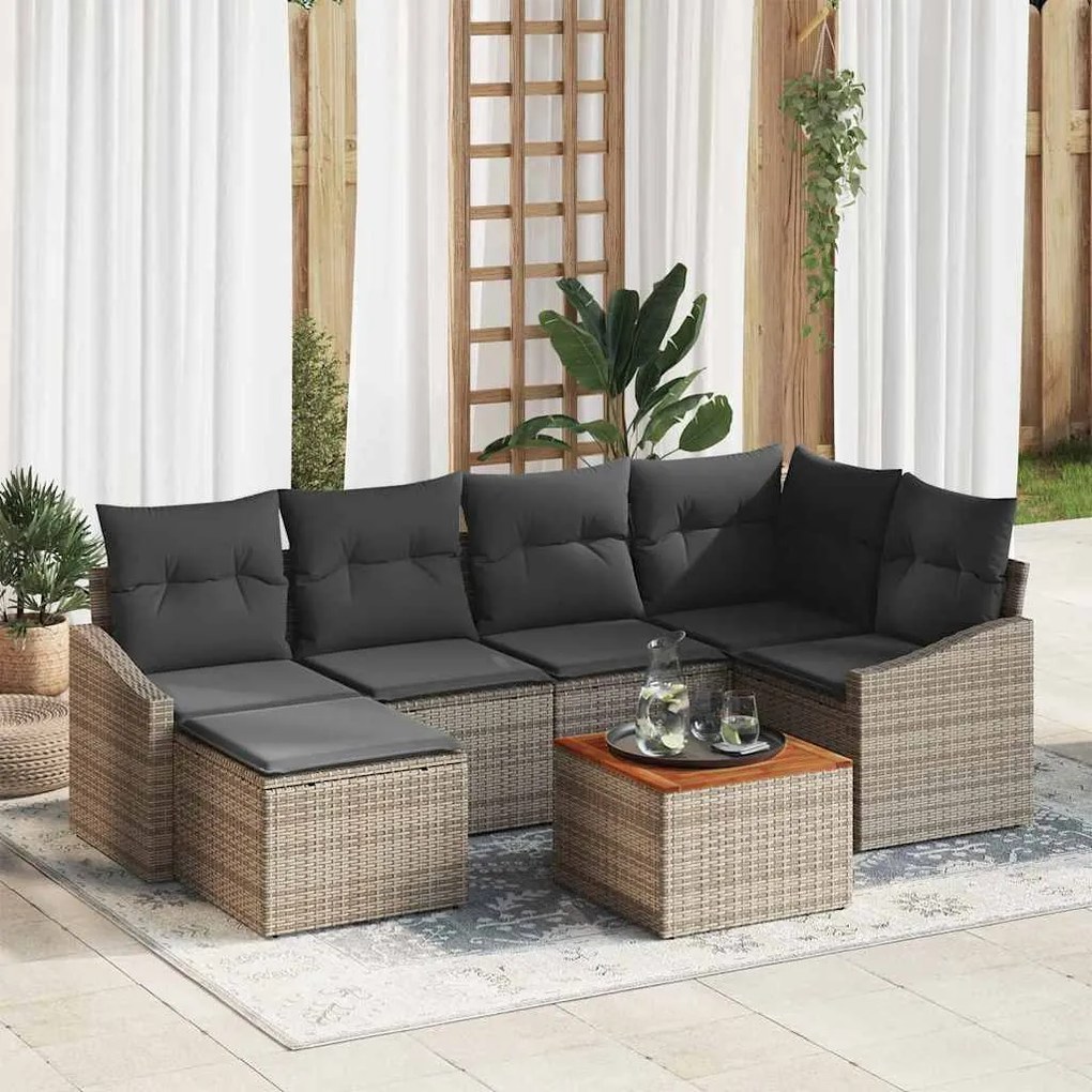 vidaXL Sofá de Jardim - 7 Peças com Almofadas em Rattan e Poliéster Cinza