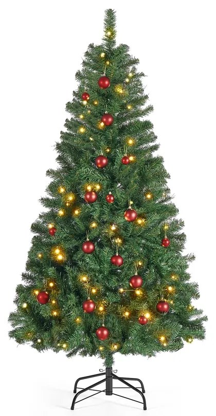 Árvore de Natal artificial com  iluminação e com (PACOTE BOLAS VERMELHAS) com suporte metálico 180 cm de altura Verde