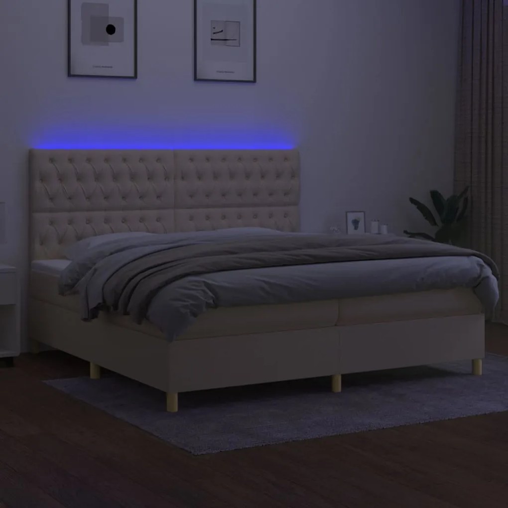 Cama box spring c/ colchão e LED 200x200 cm tecido cor creme