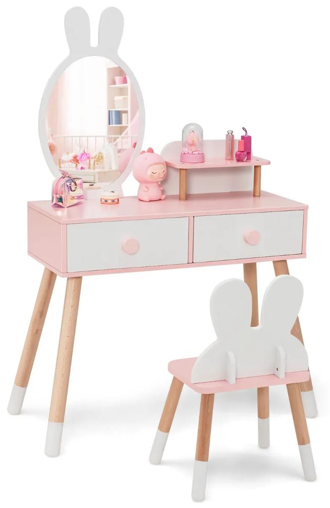 Toucador infantil 2 em 1 e cadeira escrivaninha com espelho de maquiagem 2 gavetas prateleira em madeira maciça com Rosa pernas brancas