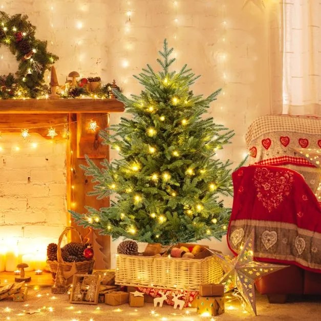 Árvore de Natal artificial pré-iluminada 135 cm, 442 pontas de ramos, 160 luzes LED, folhas mistas de PE e PVC, Verde