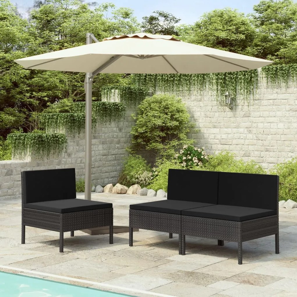 vidaXL Cadeiras de jardim com almofadões 3 pcs vime PE preto