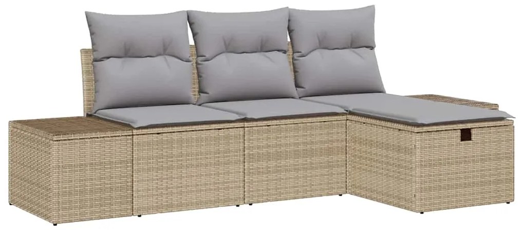 Conjunto de Sofá de Jardim de 4 Peças com Almofadas Bege Rattan Poliés