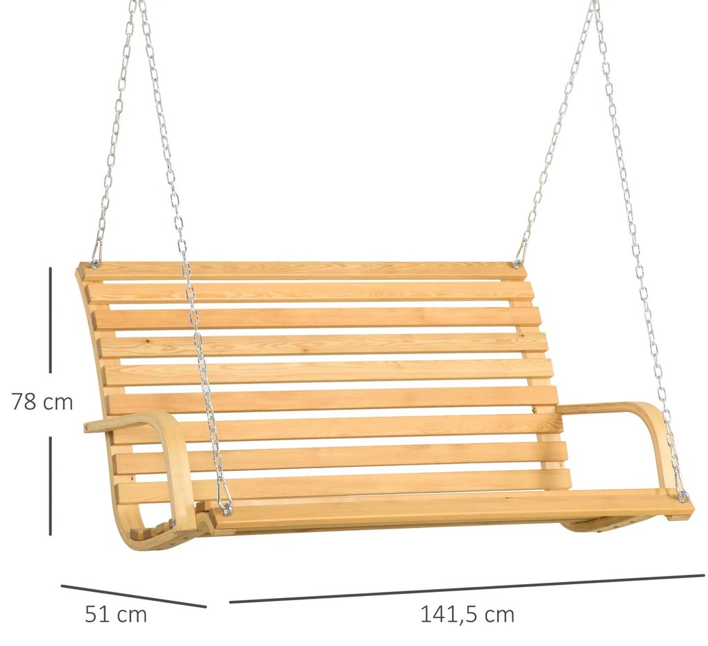 Outsunny Banco Baloiço de Madeira de 2 Lugares Baloiço Suspenso Carga Máxima 250kg para Jardim Terraço Balcão Exterior 141,5x51x78cm Natural