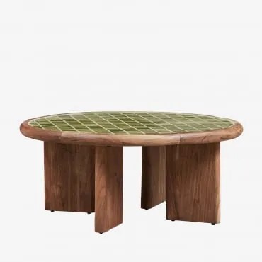Mesa De Centro Redonda Ø80 Cm Em Madeira De Acácia E Azulejos Aitana Verde Melão - Castanho Acácia - Sklum