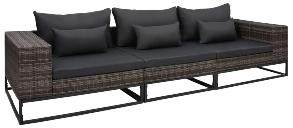 vidaXL 3 pcs conjunto sofás de jardim c/ almofadões vime PE cinzento