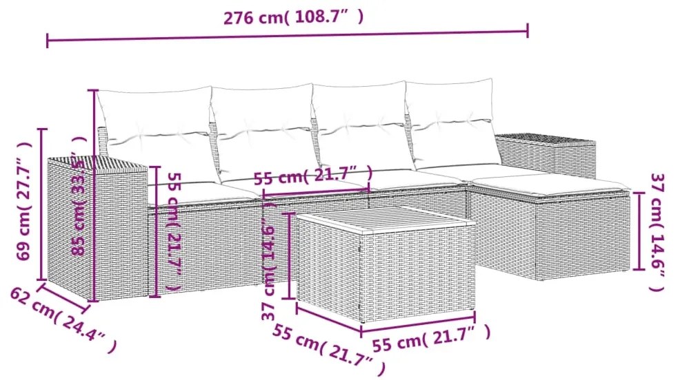 6 pcs conjunto sofás de jardim com almofadões vime cinzento
