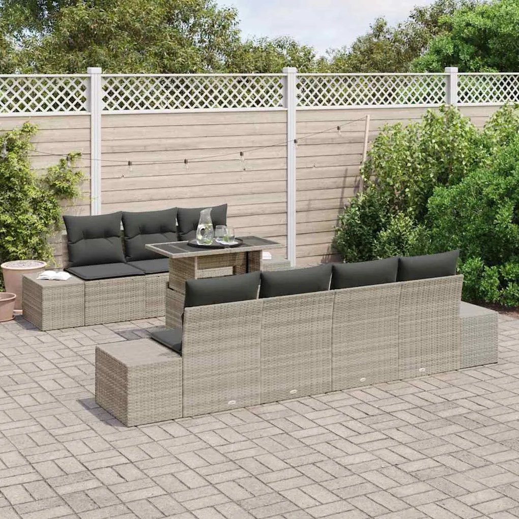 Conjunto de Sofá de Jardim 8 Peças com Almofadas Cinza Claro Rattan Po