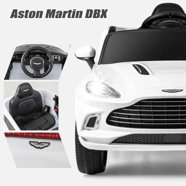 Carro elétrico infantil 12V Aston Martin DBX com portas duplas com datas controle remoto início lento luzes LED alto-falante USB Branco