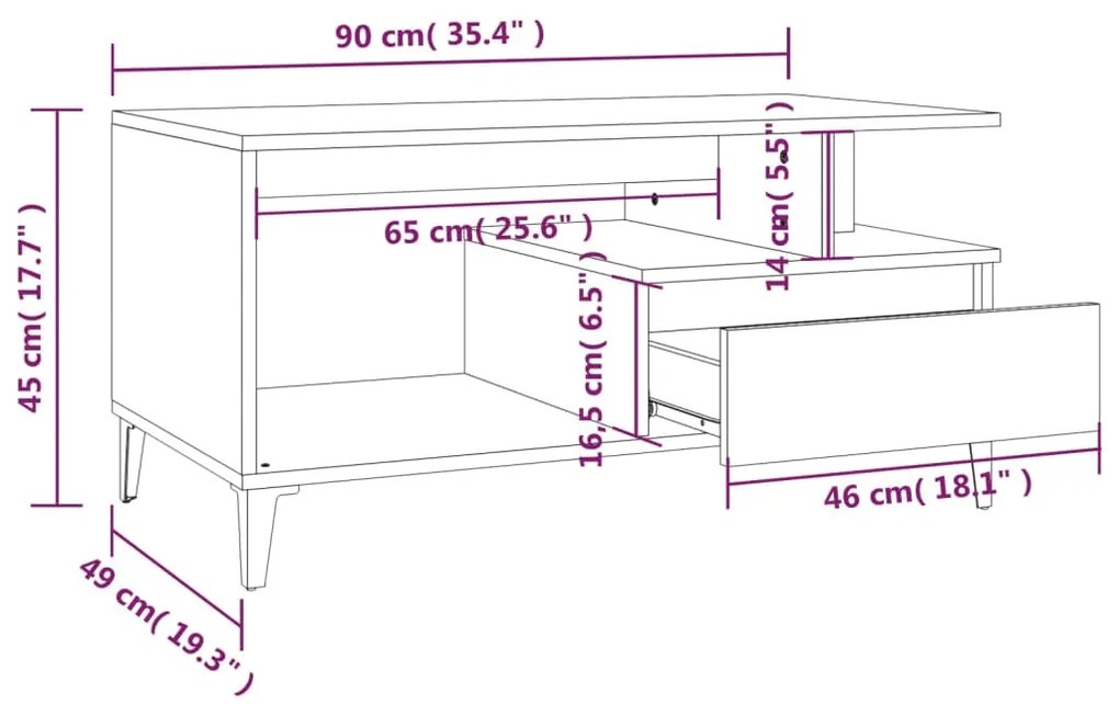 Mesa centro 90x49x45 cm derivados de madeira carvalho castanho