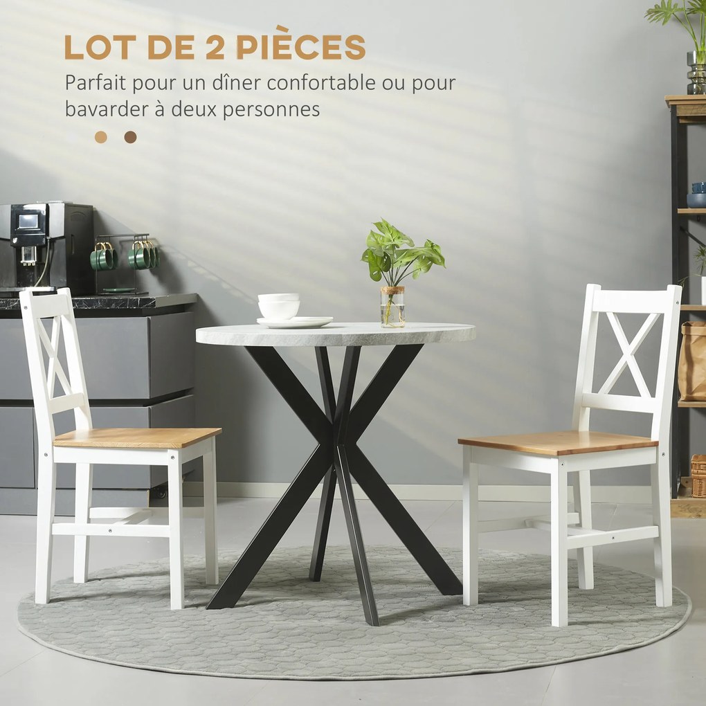 Conjunto de 2 cadeiras de jantar em madeira maciça (MESA NÃO INCLUÍDA) cadeiras de cozinha de estilo rústico, com encosto cruzado em branco e carvalho