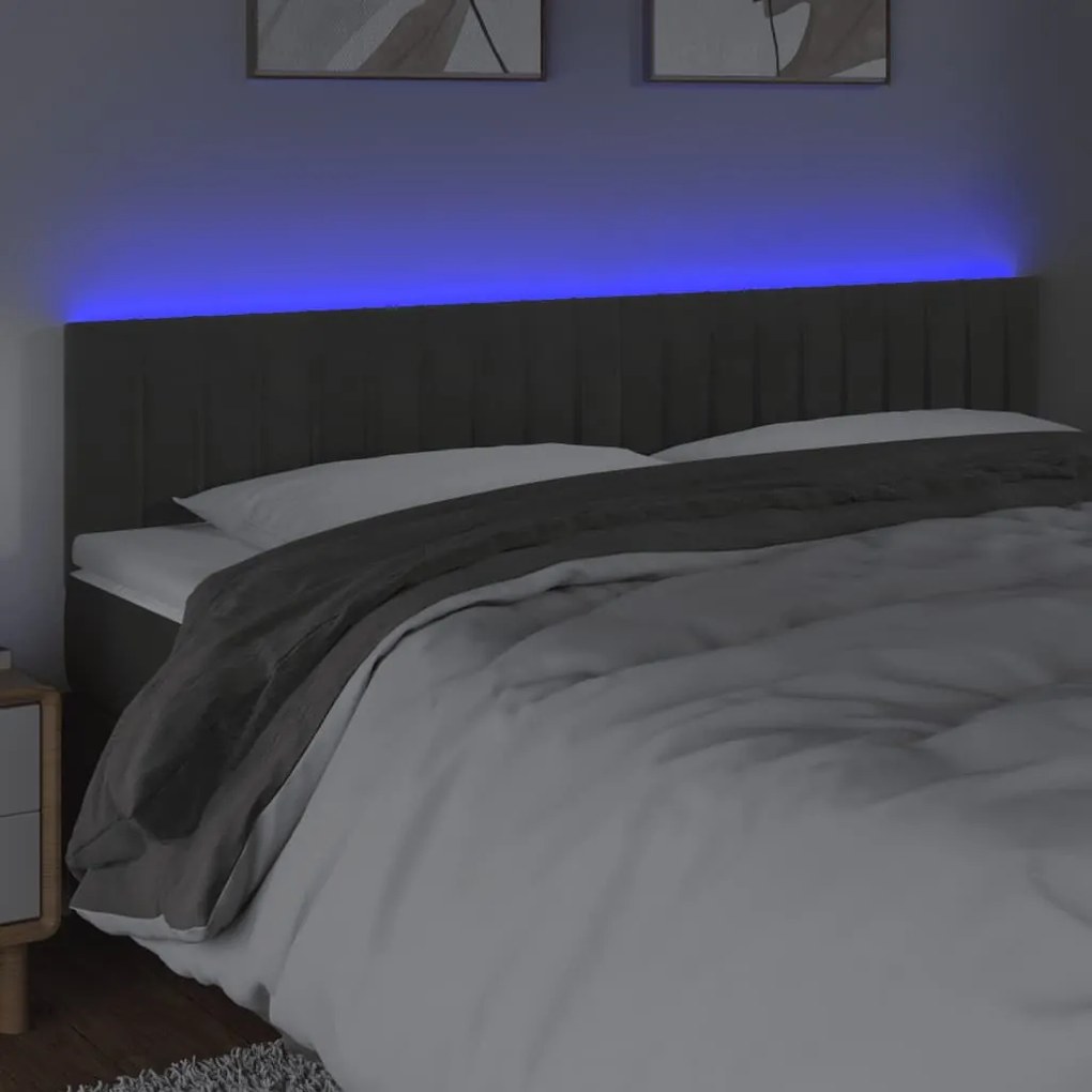 Cabeceira de cama c/luzes LED veludo 200x5x78/88cm cinza-escuro