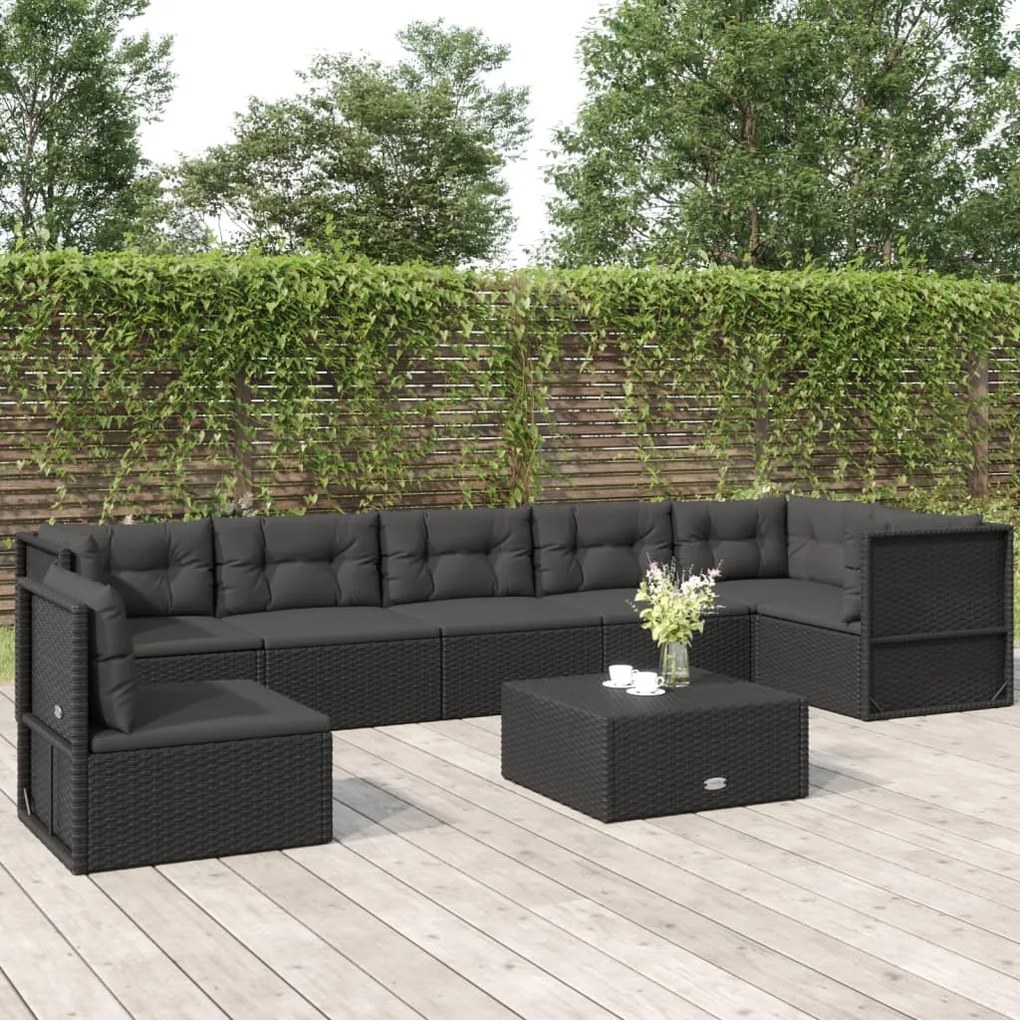 vidaXL 7 pcs conjunto lounge de jardim c/ almofadões vime PE preto