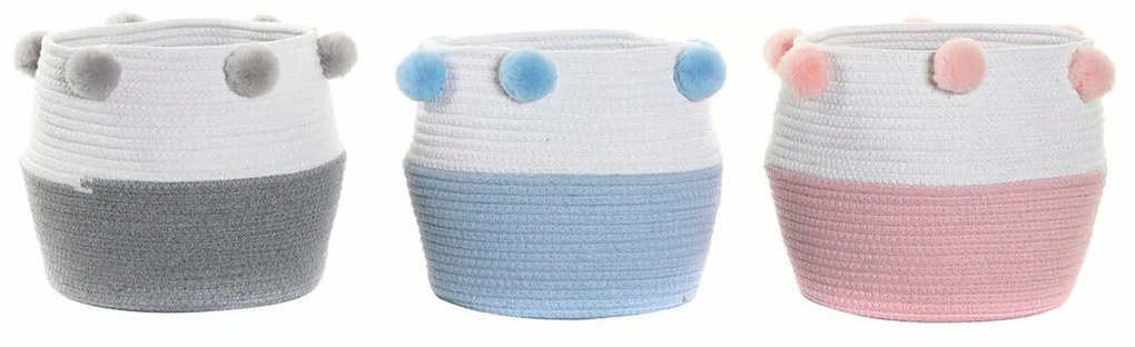 Cabaz DKD Home Decor Cinzento Azul celeste Rosa Claro Madeira Pompons 30 x 30 x 26 cm (3 Peças)