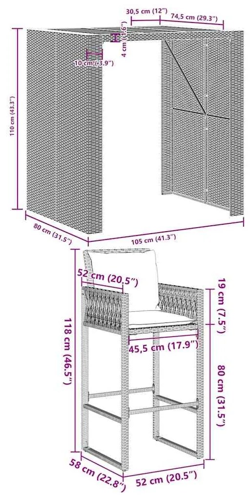 5 pcs conj. de bar jardim c/ almofadões vime PE/acácia cinzento