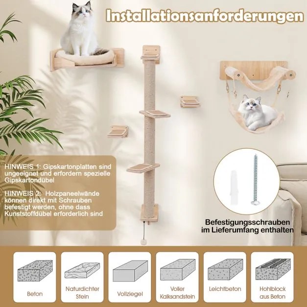 5 PCS Parede de Escalada e Arranhador para Gatos com Plataformas, Postes de Juta, Cama para Gatos, 2 redes Natural