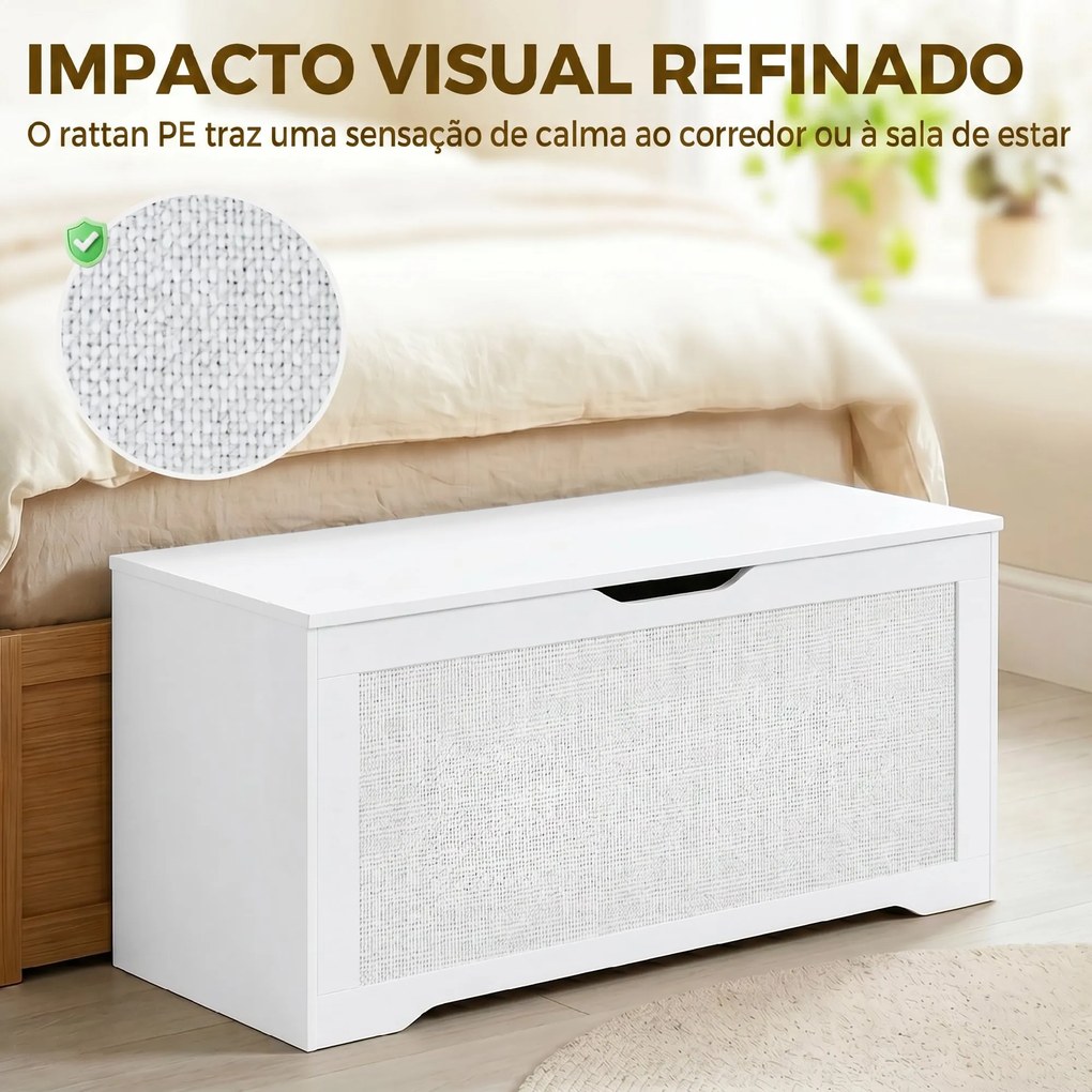 Baú de Arrumação 136L com Painel de Ratã e Tampa com Braços de Apoio, 100x40x45 cm, Branco