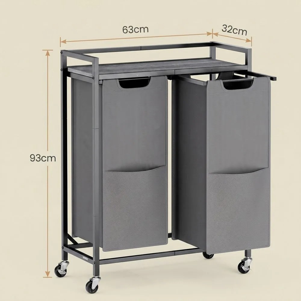 Cesto da roupa suja com 2 compartimentos 63 x 32 x 93 cm, carrinho com prateleira e bolsos preto-cinzento