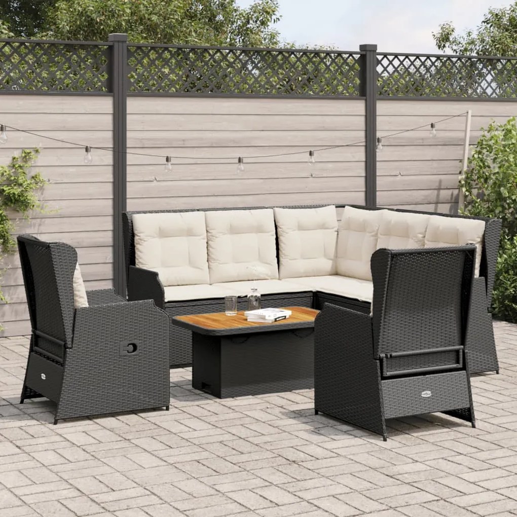 6 pcs conjunto lounge de jardim c/ almofadões vime PE preto