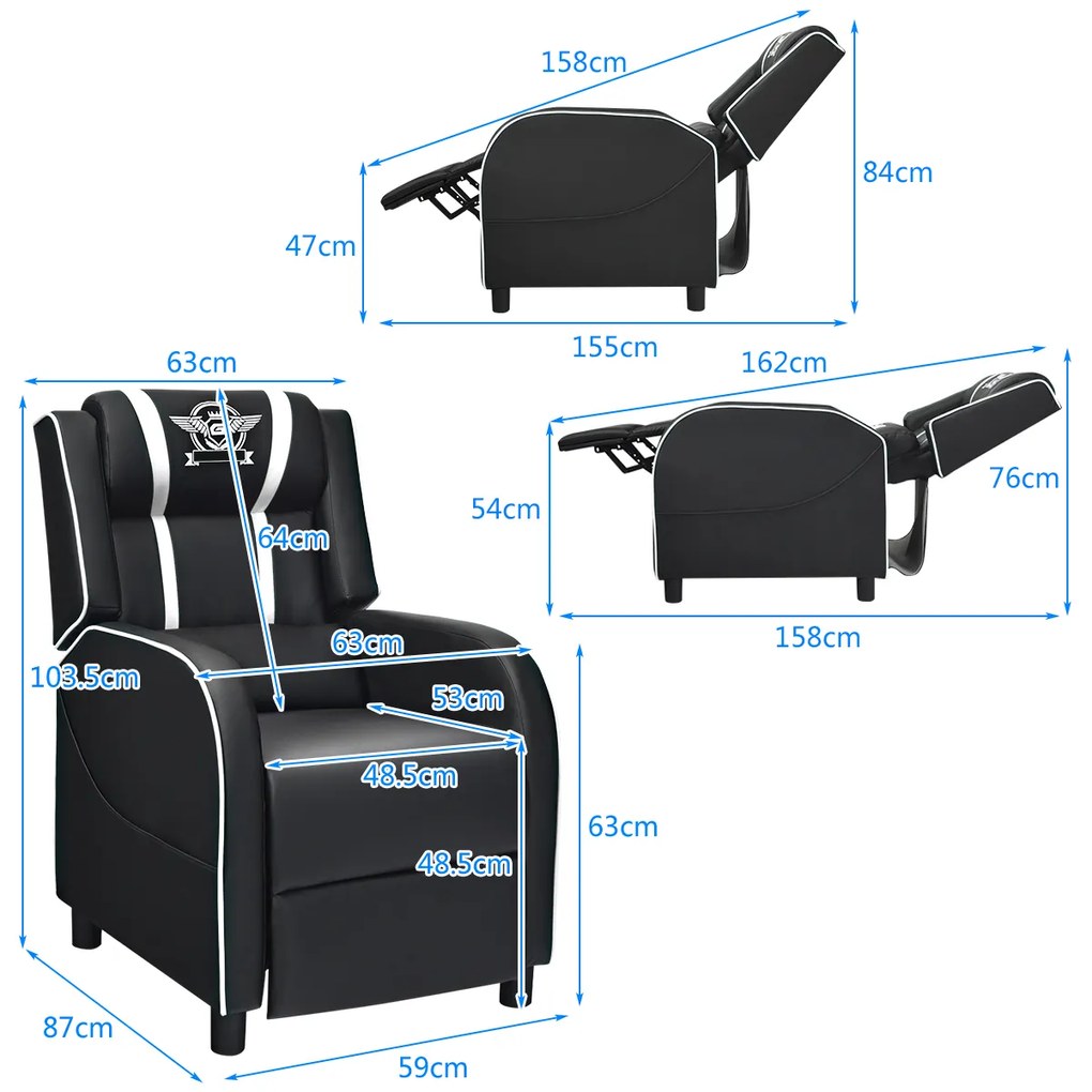 Cadeira Gaming Poltrona Reclinável Sofá Sala de Estar com Repousa-pés e Almofada Lombar Assento 63 x 87 x 103,5 cm Branco
