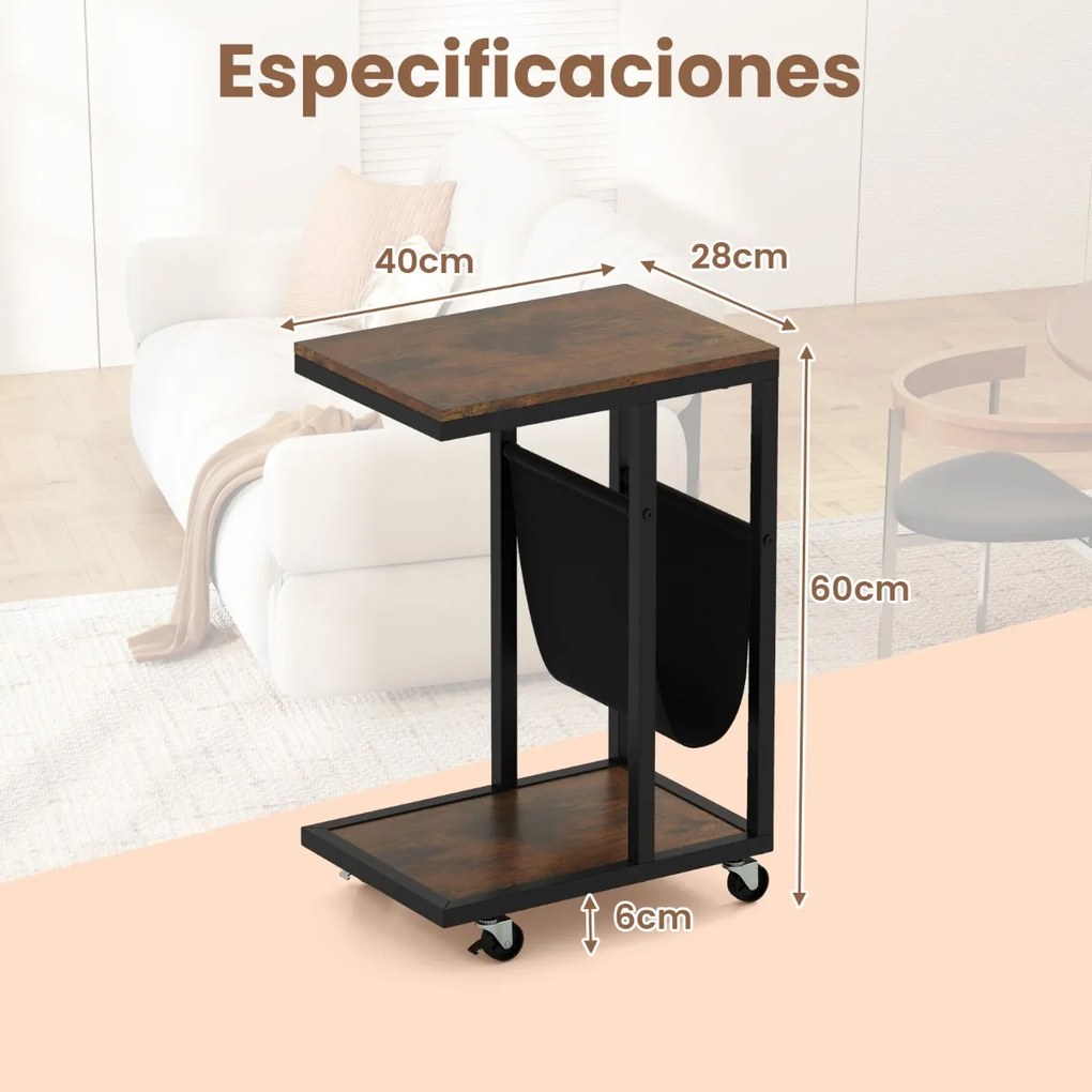 Mesa Auxiliar em Forma de C com Rodas Mesa de Sofá Industrial de 3 Níveis com Estrutura de Metal 40 x 28 x 59 cm Castanho Rústico