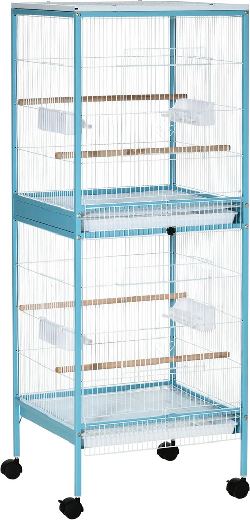 Gaiola para Pássaros com Rodas de 2 Níveis com Bandejas Removíveis Portas Comedouros Poleiros 51,5x50x140 cm Azul